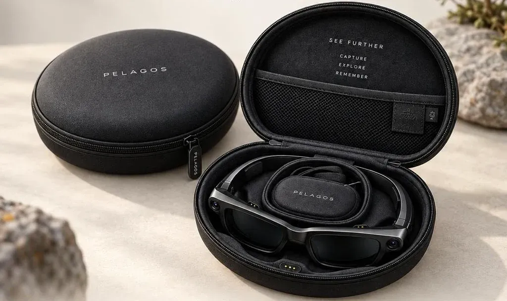 The Pelagos charging case, open with the glasses inside, next to a closed case