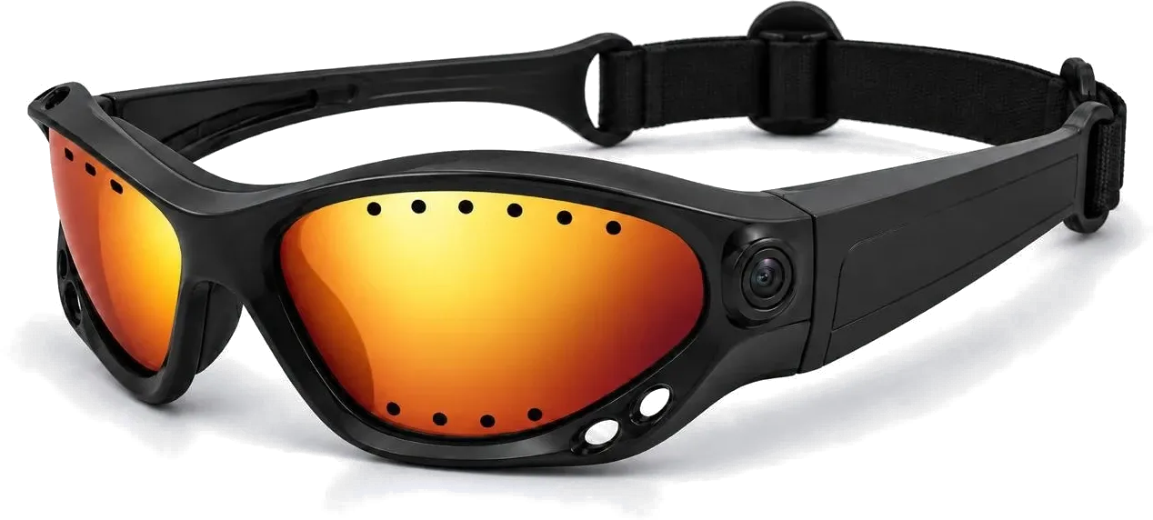 Pelagos camera goggles with orange polarized lenses, a camera built into the frame, and a strap
