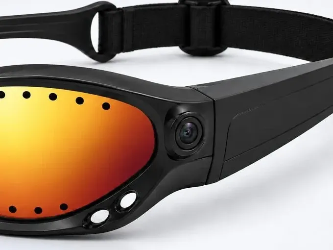 Close-up of the camera built into the Pelagos goggles, right beside the lens