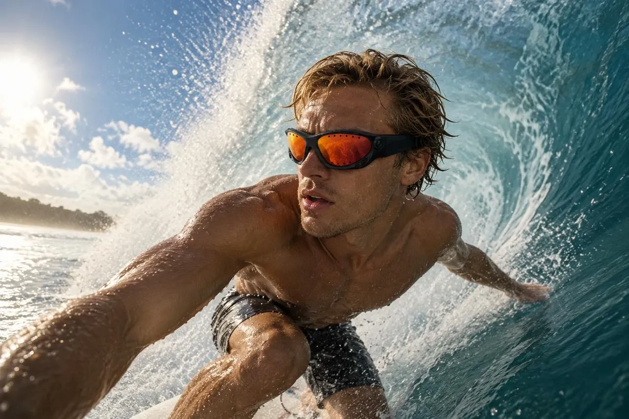 A surfer riding inside a barrel wearing Pelagos camera goggles