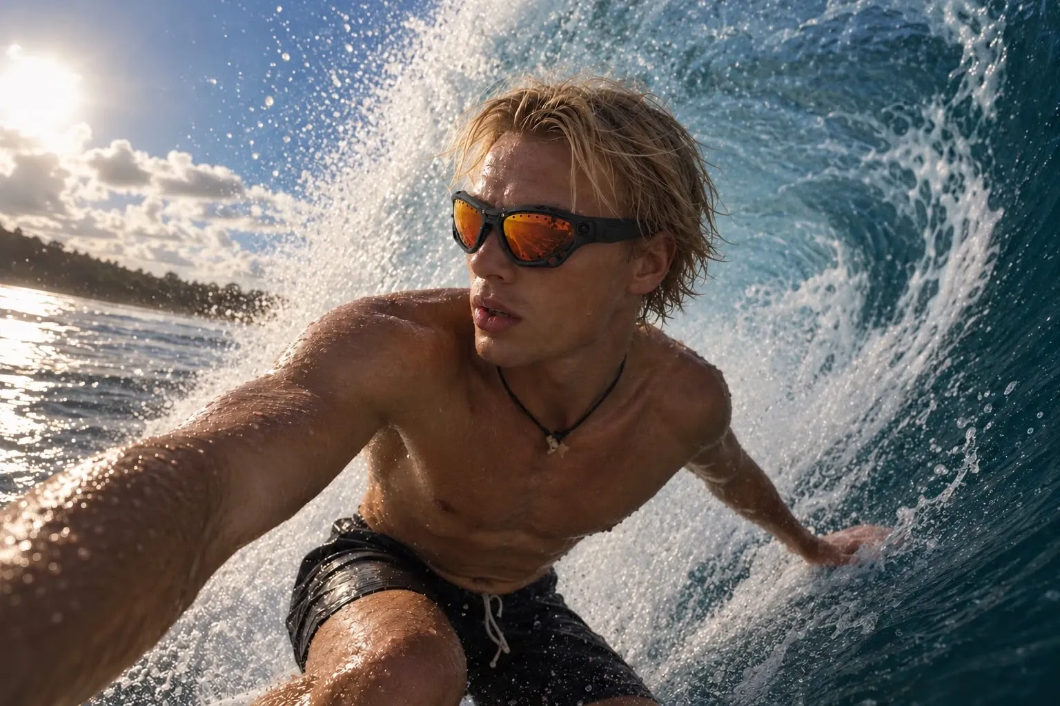 A surfer riding a breaking wave wearing Pelagos camera glasses